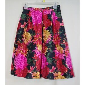 Talbots Size 2P Petites Silk Floral A-Line Skirt Pink Red Chrysanthemum Print